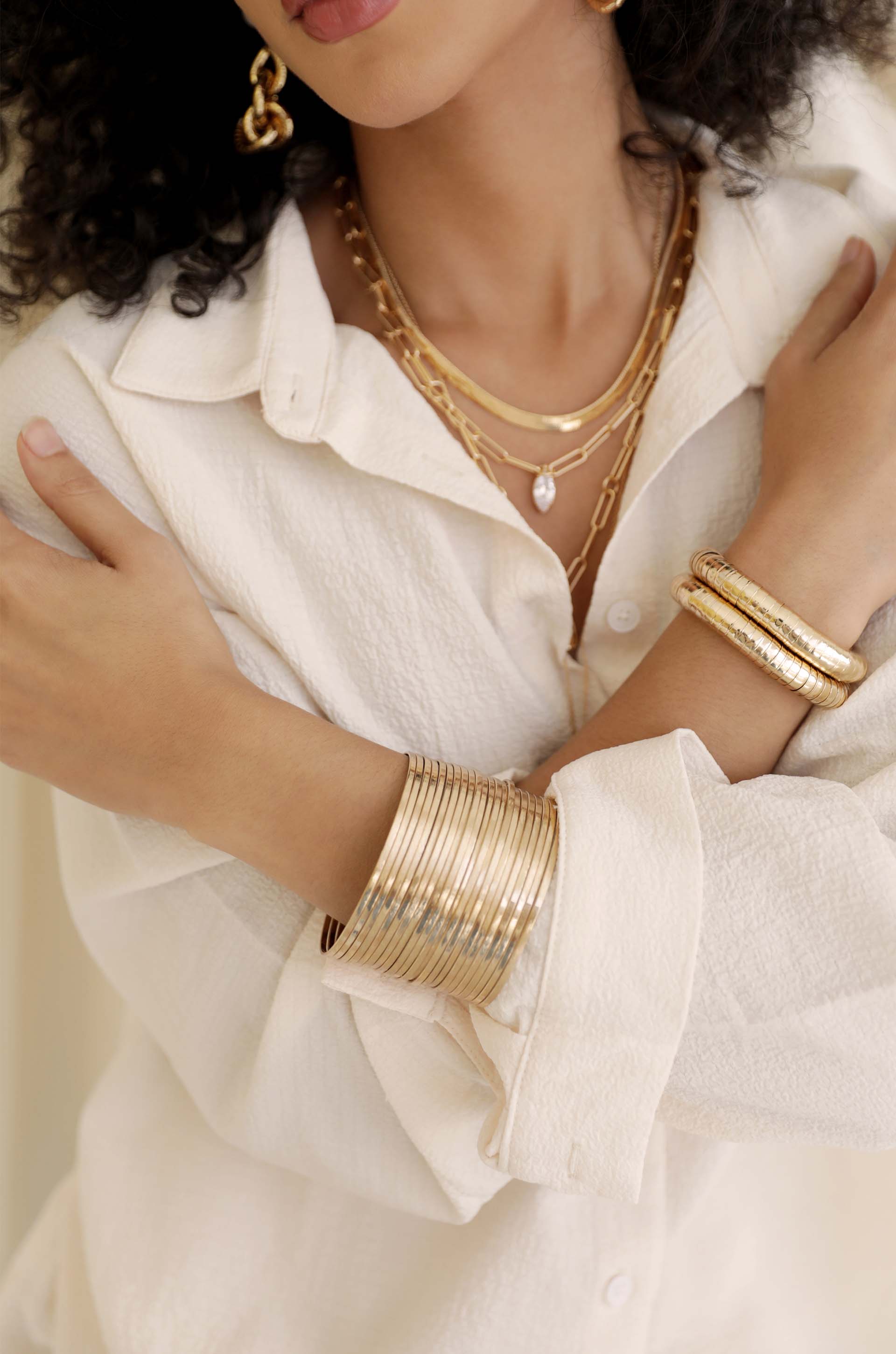 The Easy 18k Gold Plated Bangle Stacked Bracelet on model 3