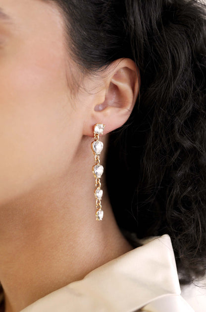 Descending Crystal Heart 18k Gold Plated Earrings on model 2