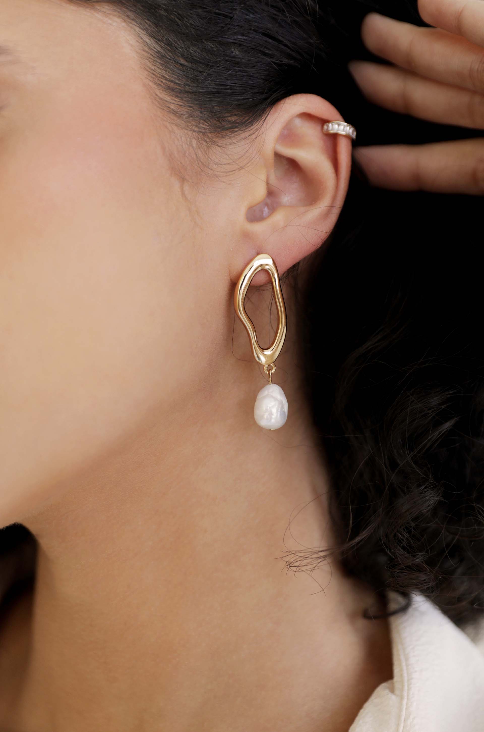 Open Circle 18k Gold Plated and Freshwater Pearl Dangle Earrings in white on model