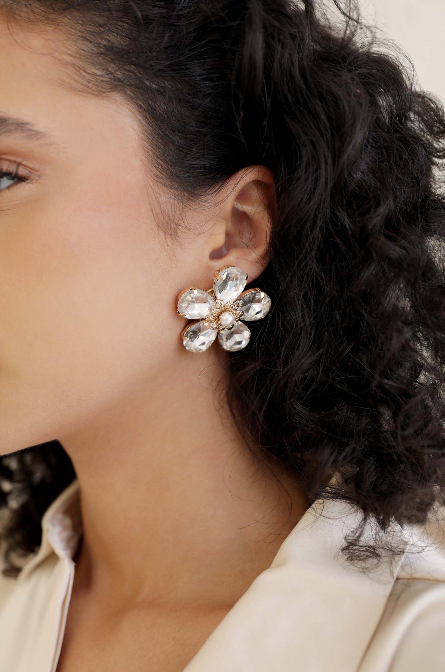 Vintage Pearl and Crystal Flower 18k Gold Plated Stud Earrings on model
