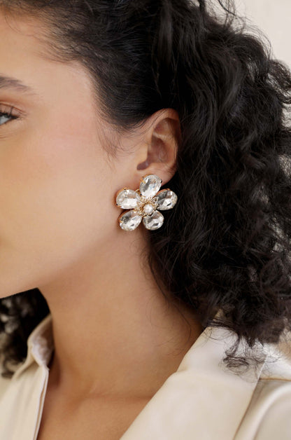 Vintage Pearl and Crystal Flower Stud Earrings on model