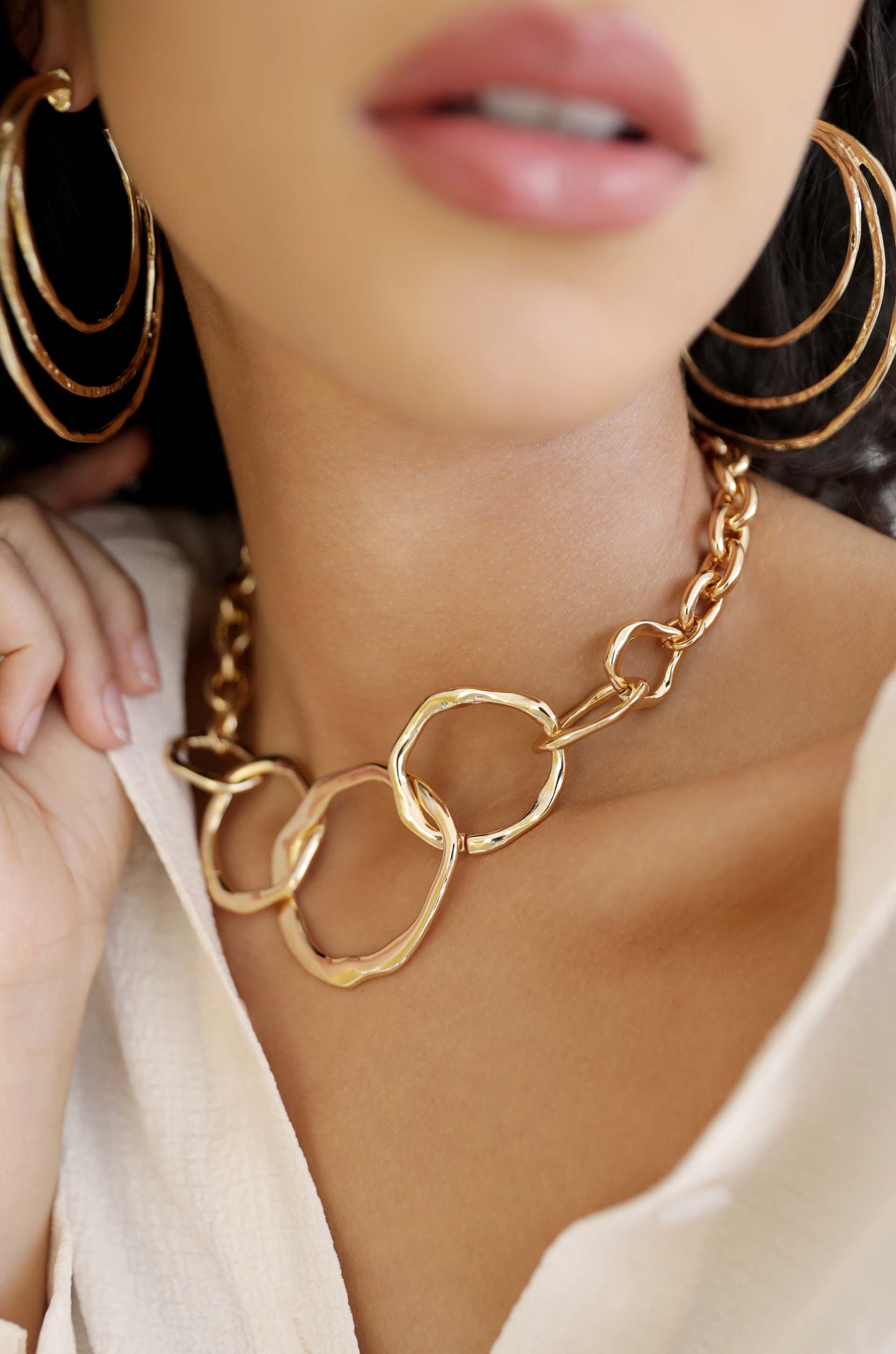 Interlocking Gold Drip Circles 18k Gold Plated Necklace on model