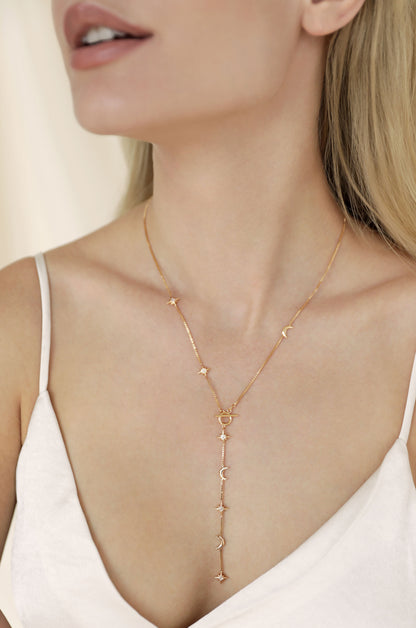 Delicate Celestial 18k Gold Plated Lariat Necklace on model