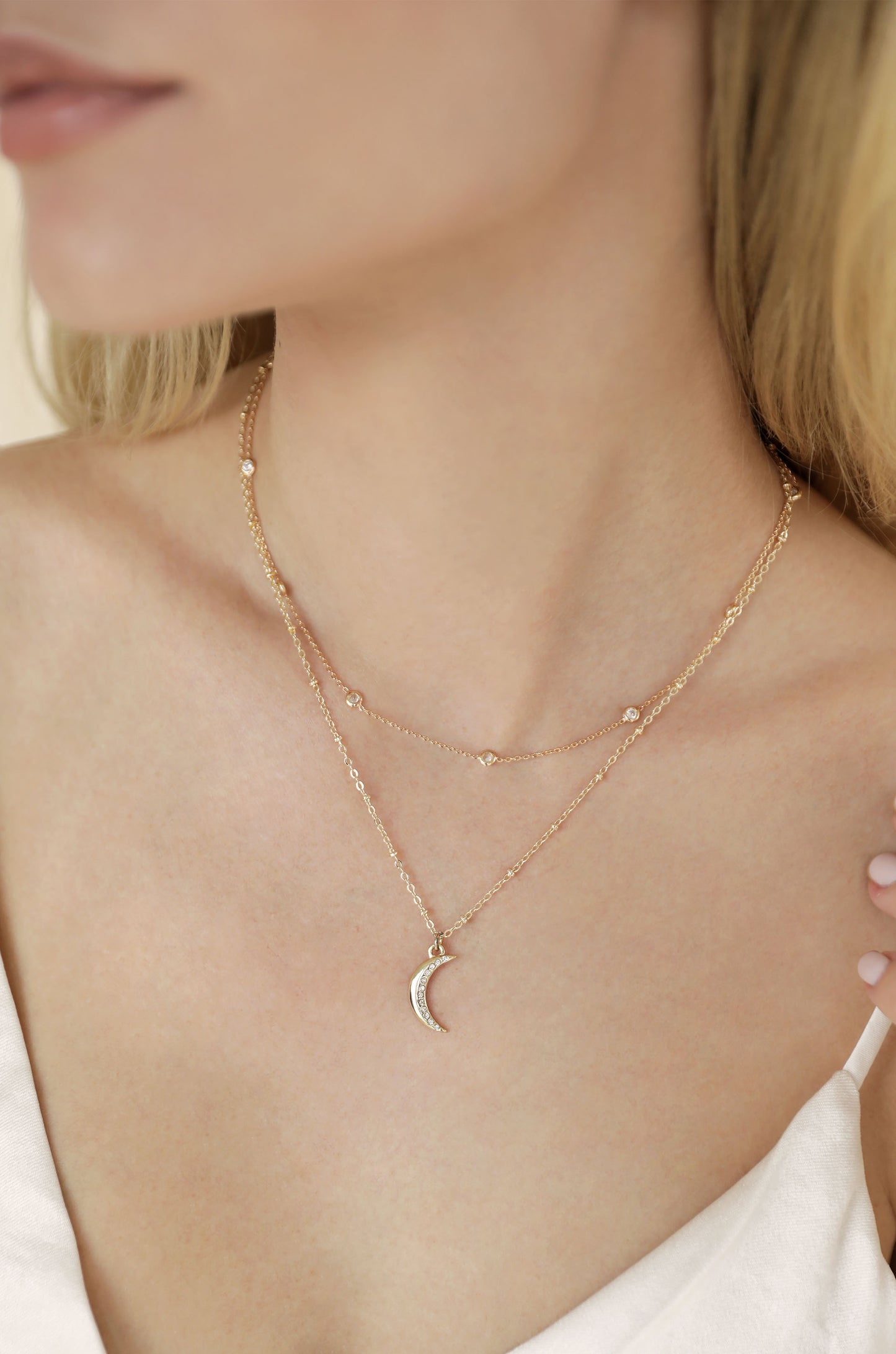 Crescent Moon Layered 18k Gold Plated Pendant Necklace on model