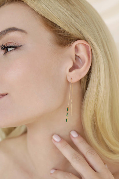 Crystal Baguette Threader Earrings in green on model