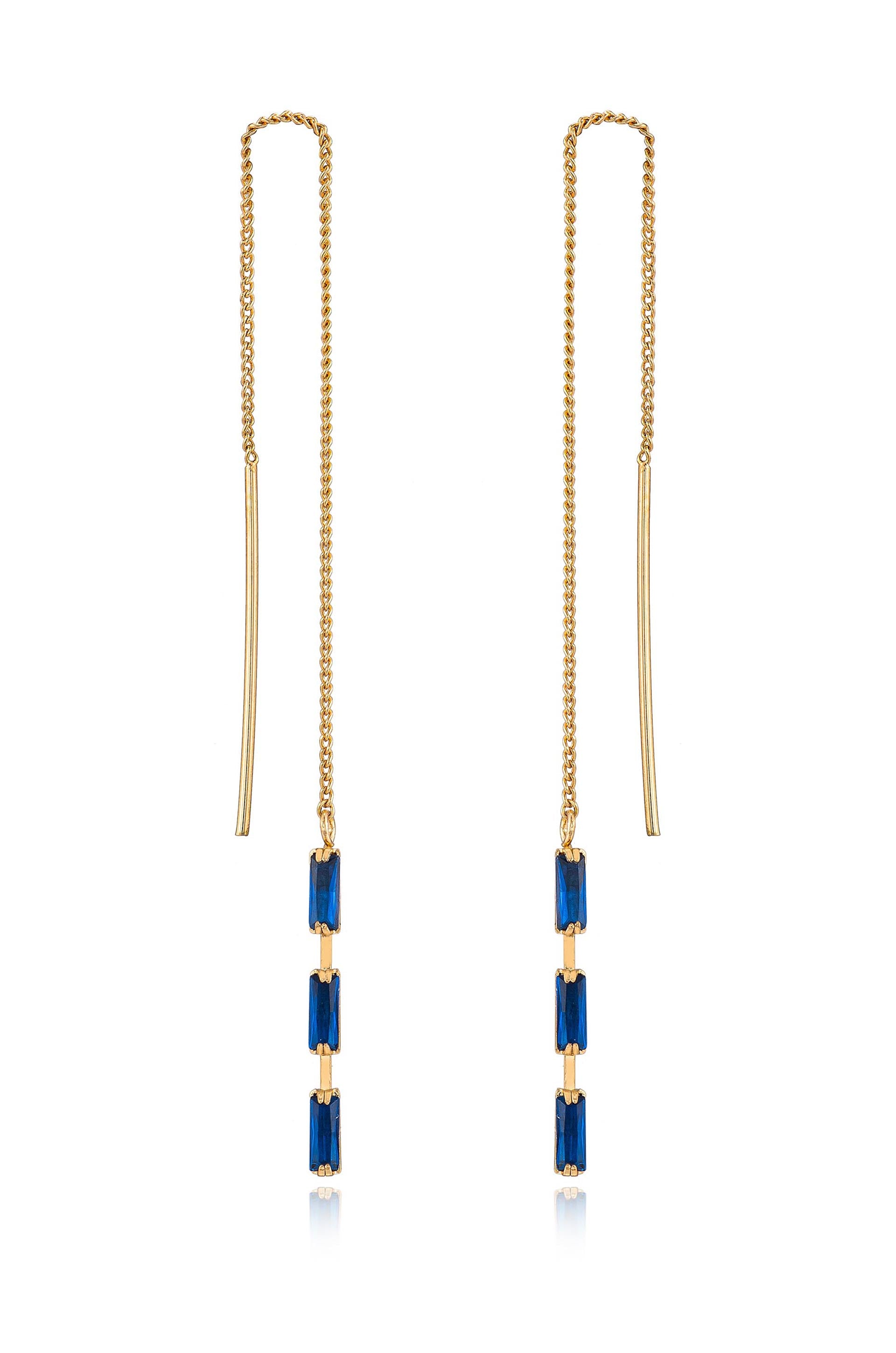 Crystal Baguette Threader Earrings in sapphire