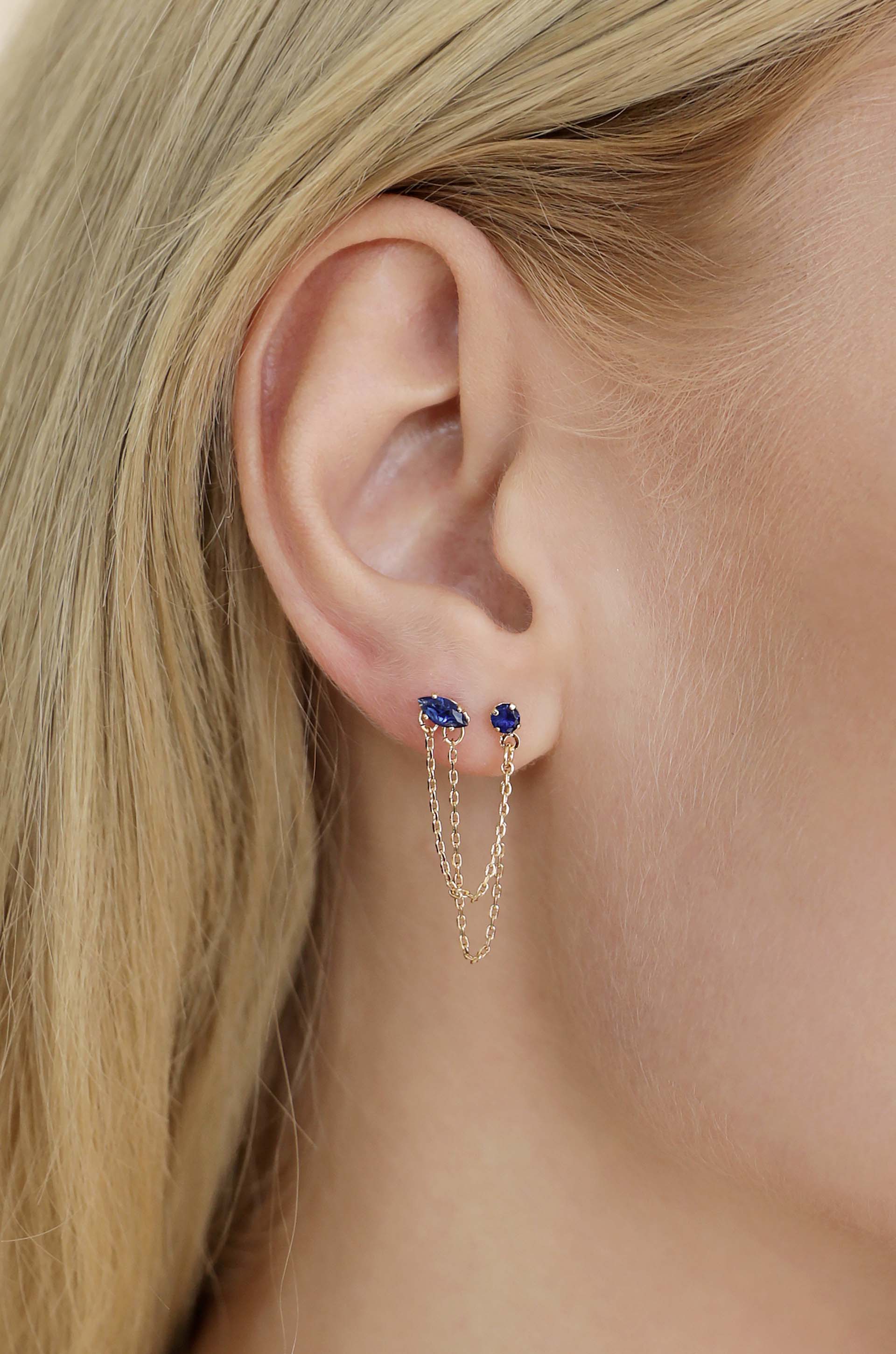 Rhinestone Chain Earrings - Two Hole Piercing Earring Ear Buckle