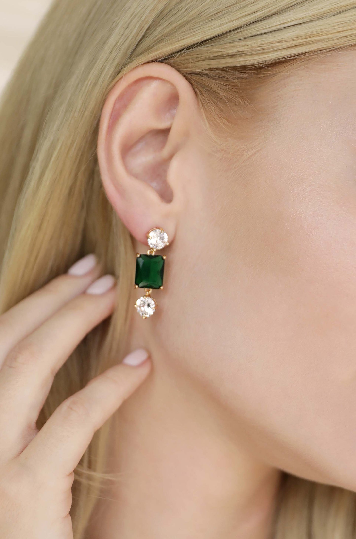 Emerald Beauty Dangle Earrings on model