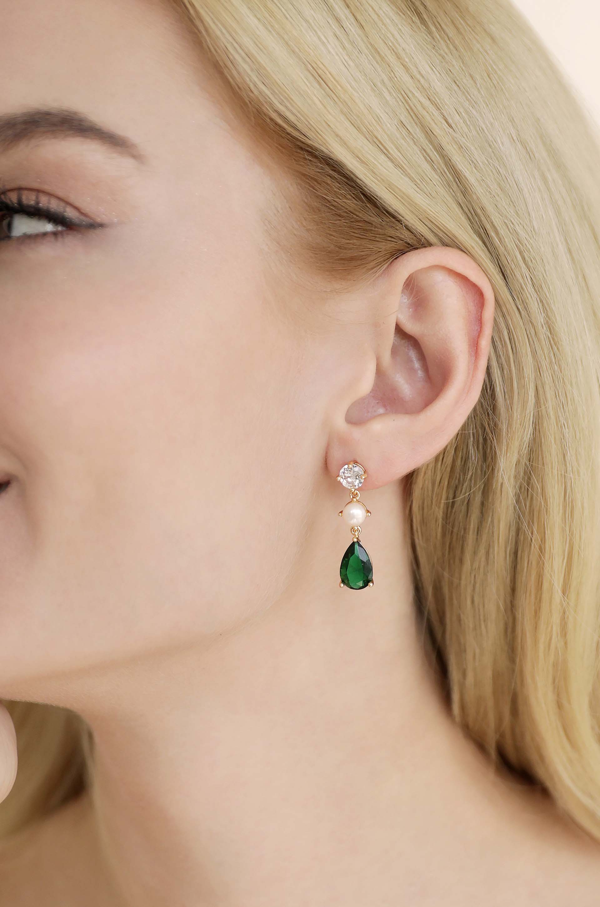 Private Soiree 18k Gold Plated Emerald Dangle Earrings on model