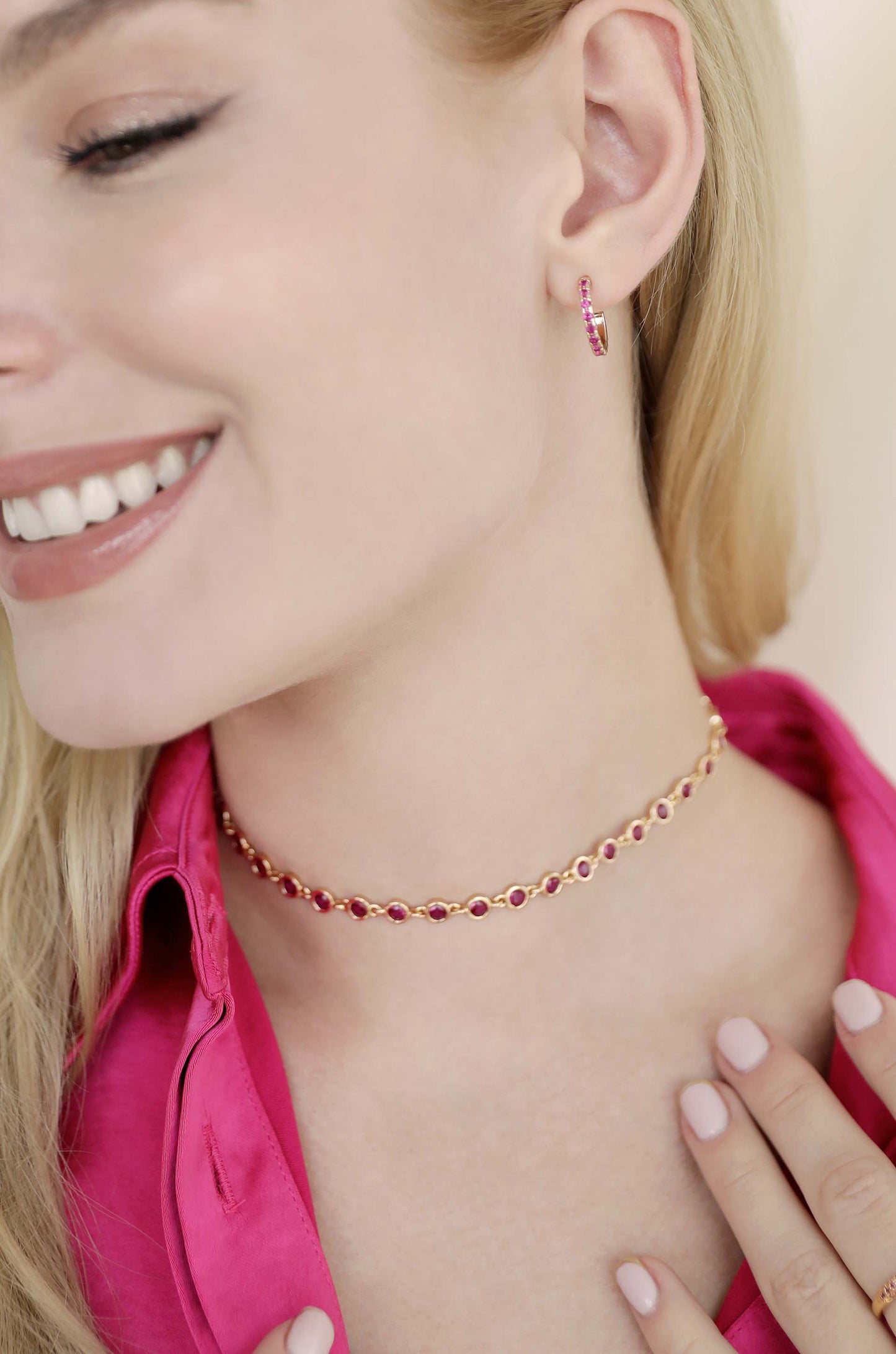 Colorful Crystal Huggie Earrings in ruby model