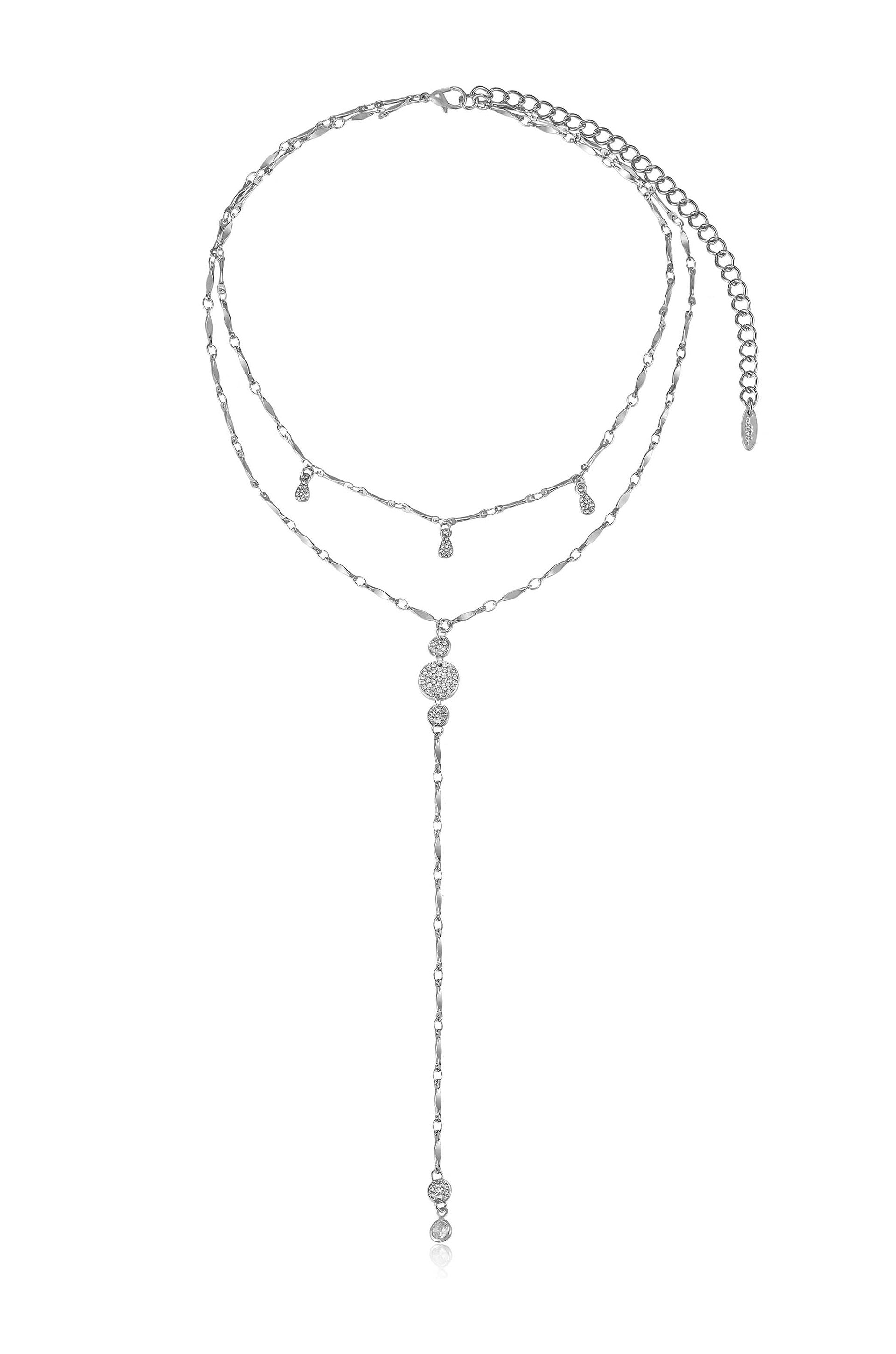 Carmine Layered Crystal Lariat Necklace in rhodium full