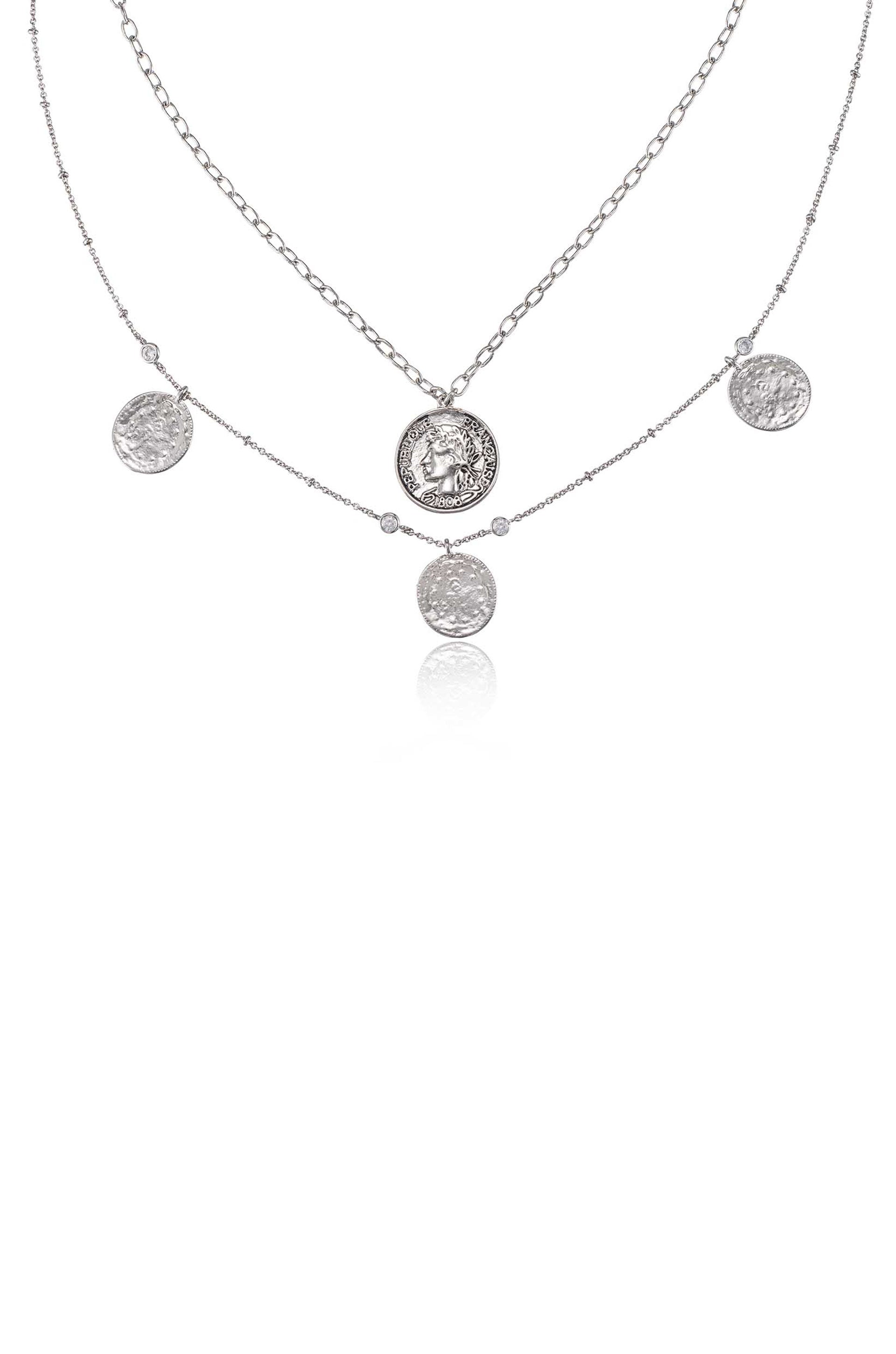 Elite Coin and Crystal Layered Necklace Set in rhodium