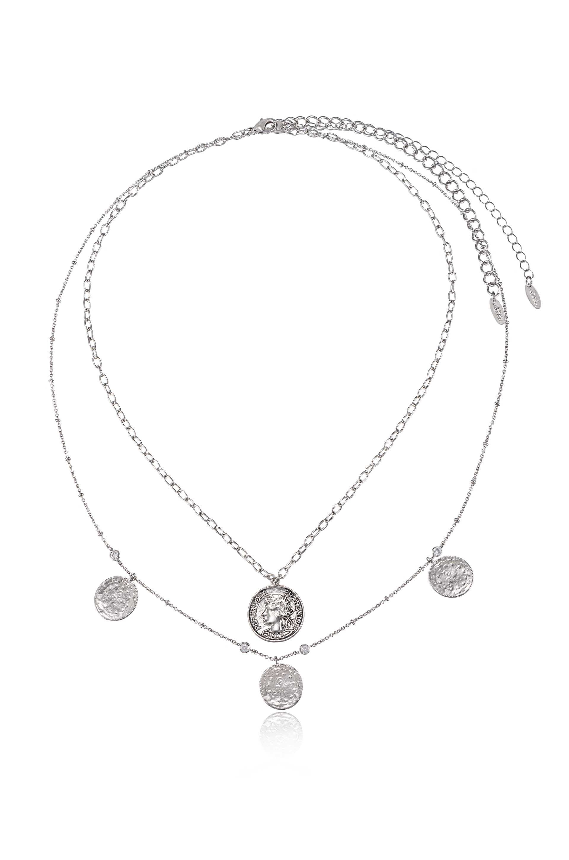 Elite Coin and Crystal Layered Necklace Set in rhodium full