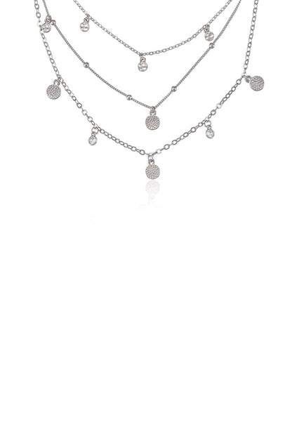 Crystal Detailed Triple Layer Necklace in rhodium