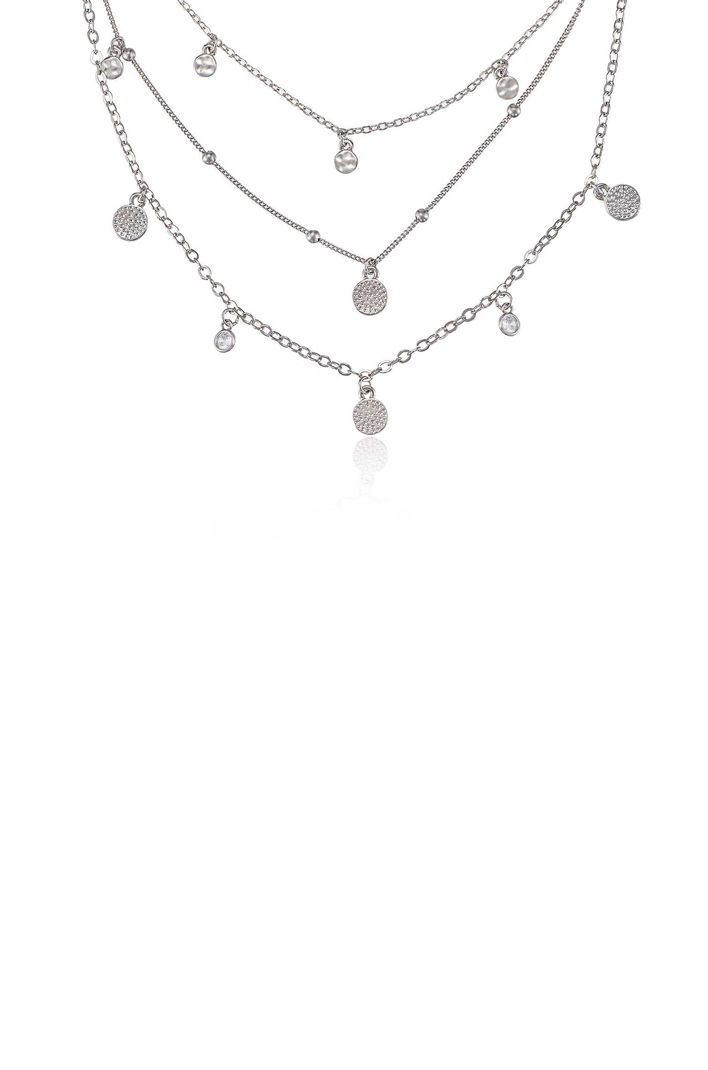 Crystal Detailed Triple Layer Necklace in rhodium