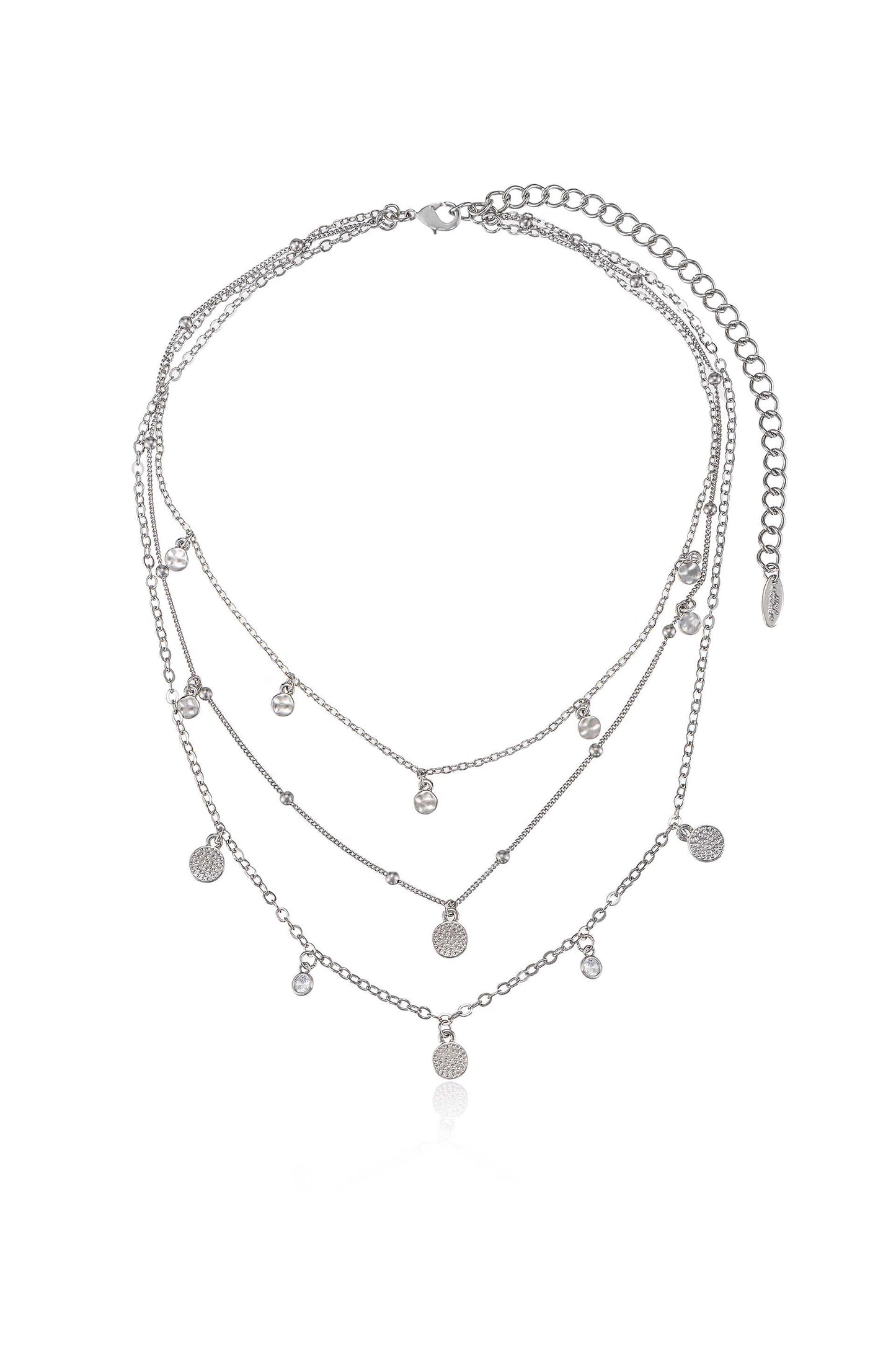 Crystal Detailed Triple Layer Necklace in rhodium full