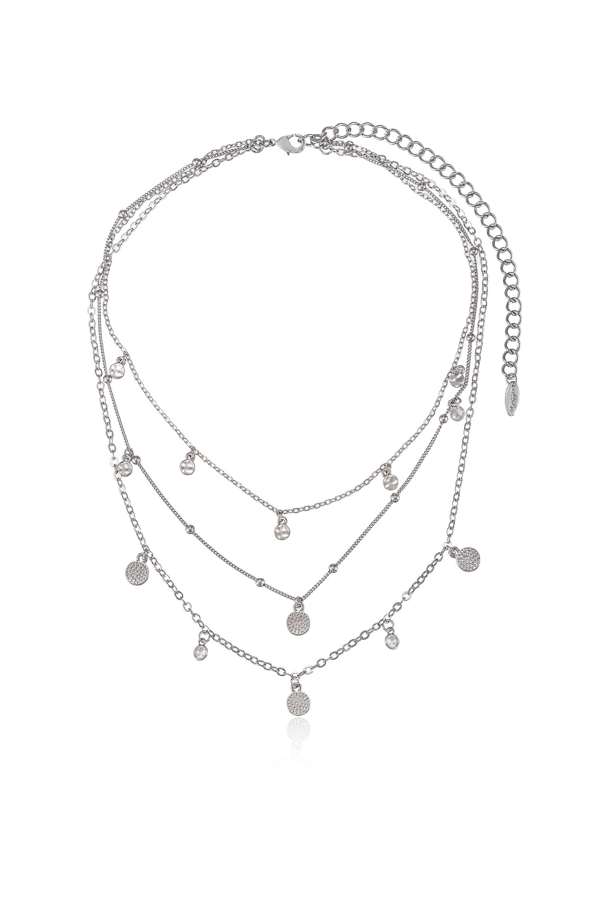 Crystal Detailed Triple Layer Necklace in rhodium full