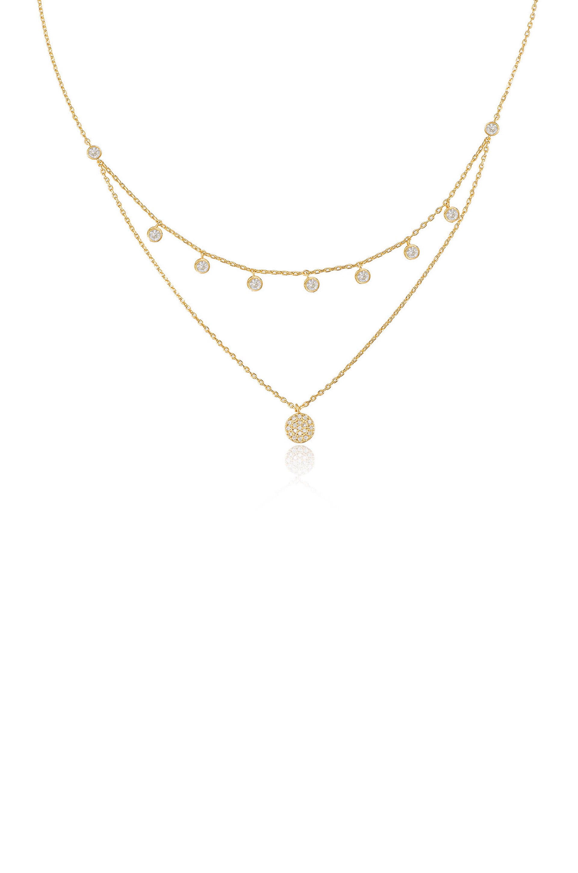 Double Layered Chain & Crystal Disc Necklace