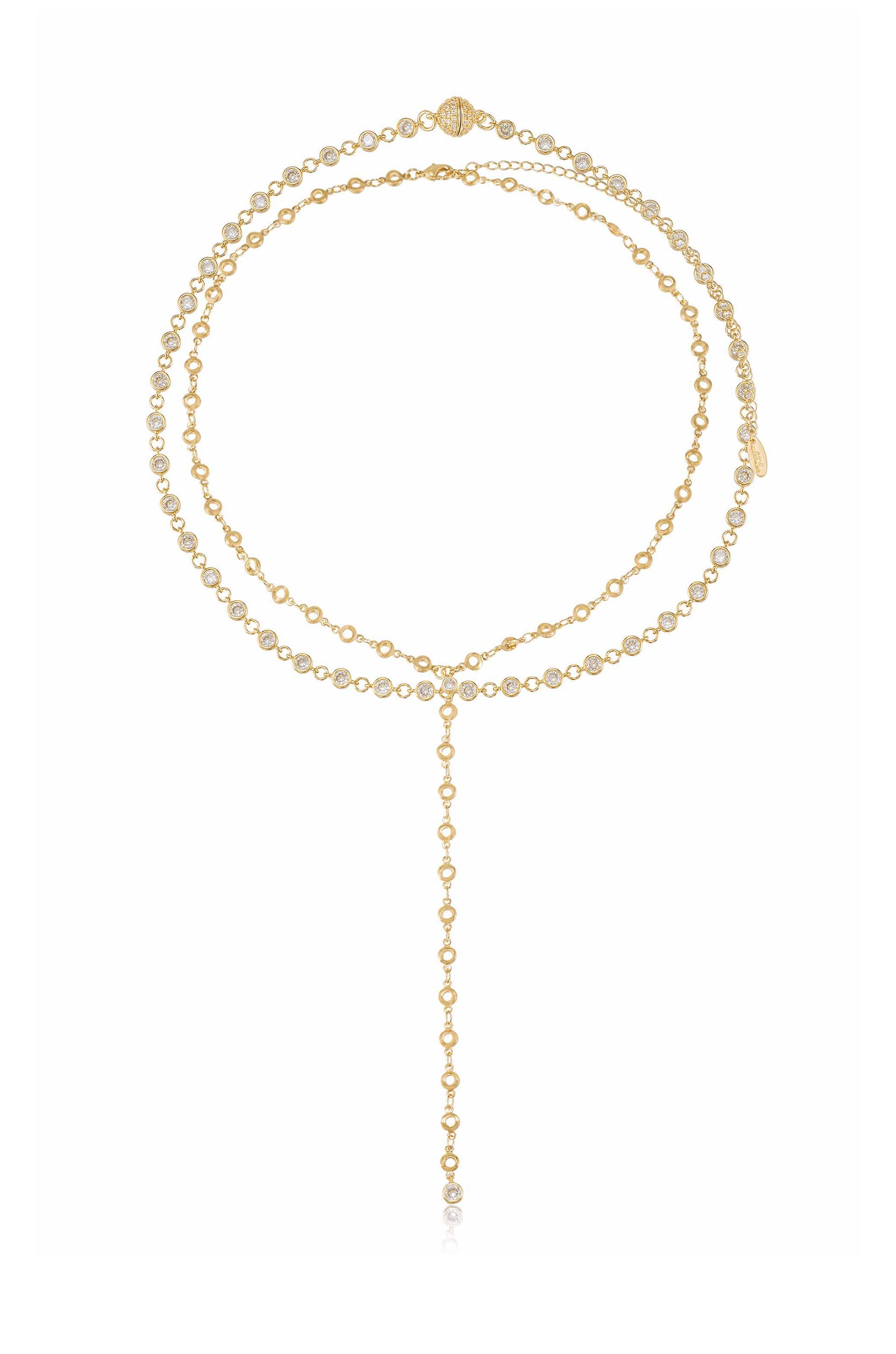 Crystal and 18k Gold Plated Chain Lariat Necklace Set full