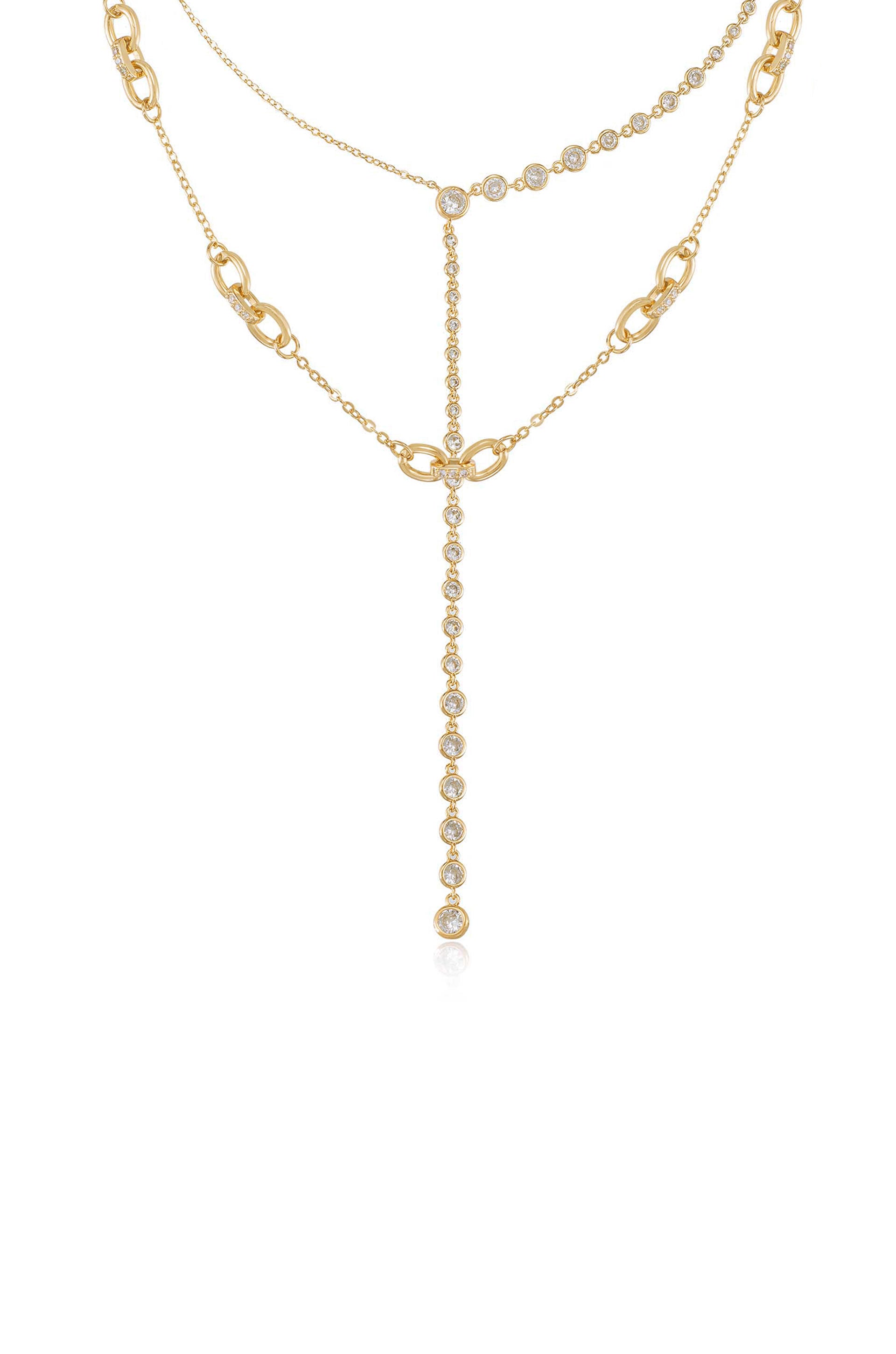 Asymmetrical Crystals Lariat 18k Gold Plated Necklace Set