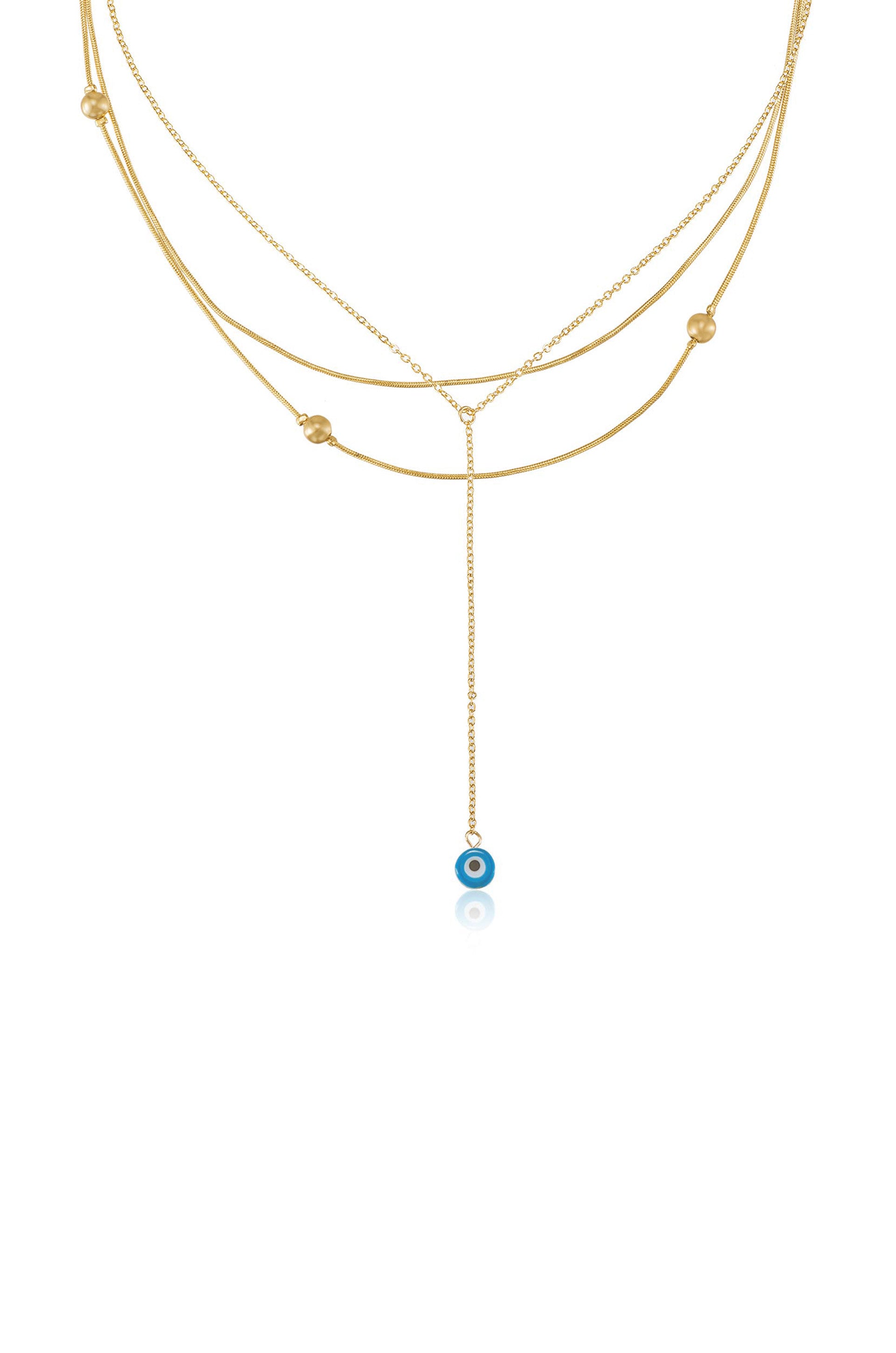 Evil Eye Layered 18k Gold Plated Lariat Necklace Set