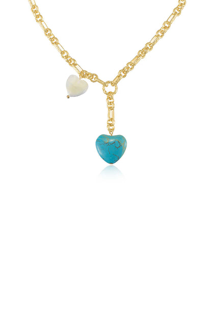 Turquoise and Pearl Heart 18k Gold Plated Linked Chain Lariat