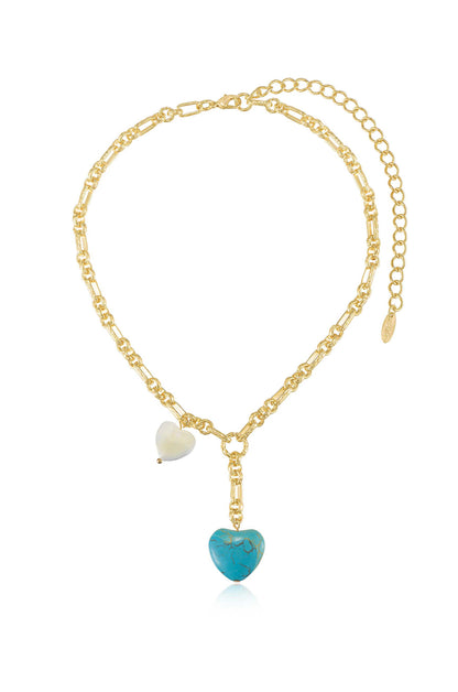 Turquoise and Pearl Heart 18k Gold Plated Linked Chain Lariat full