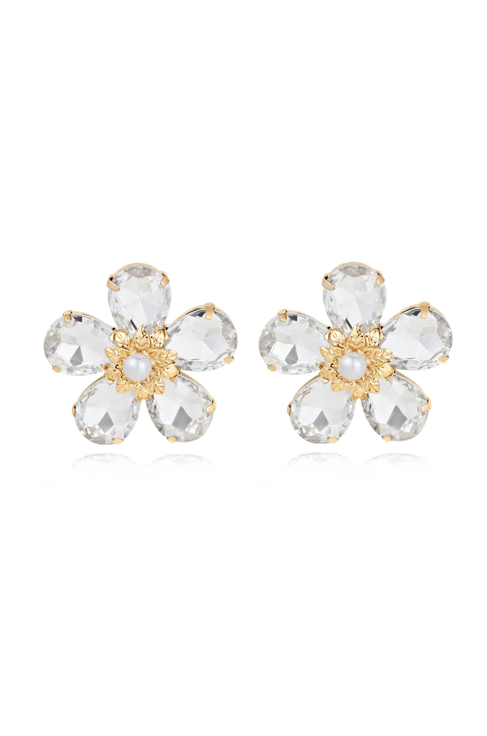 Vintage Pearl and Crystal Flower 18k Gold Plated Stud Earrings