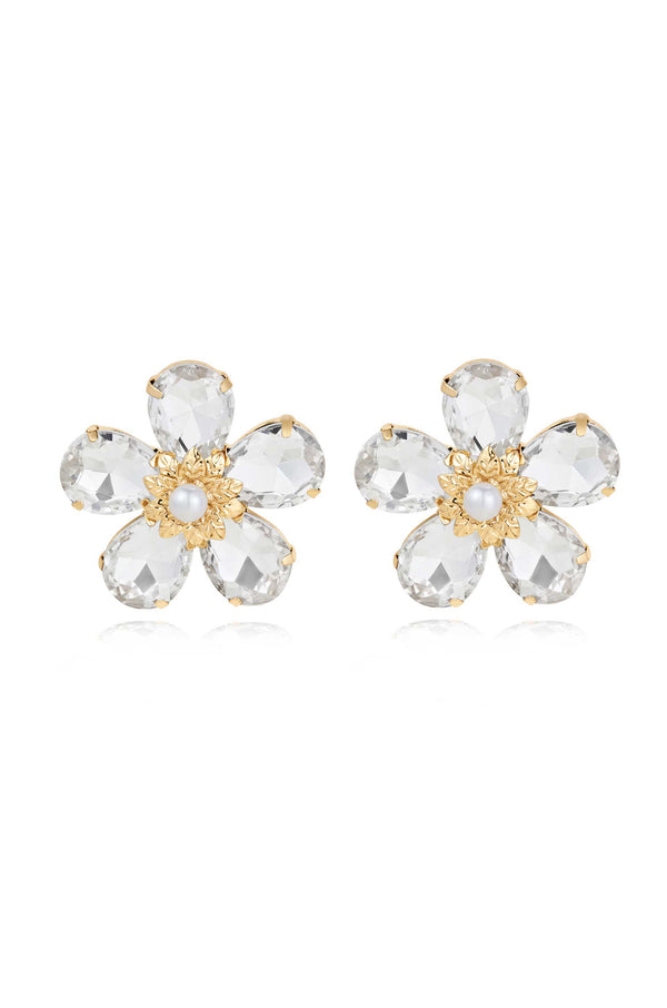 Vintage Pearl and Crystal Flower Stud Earrings