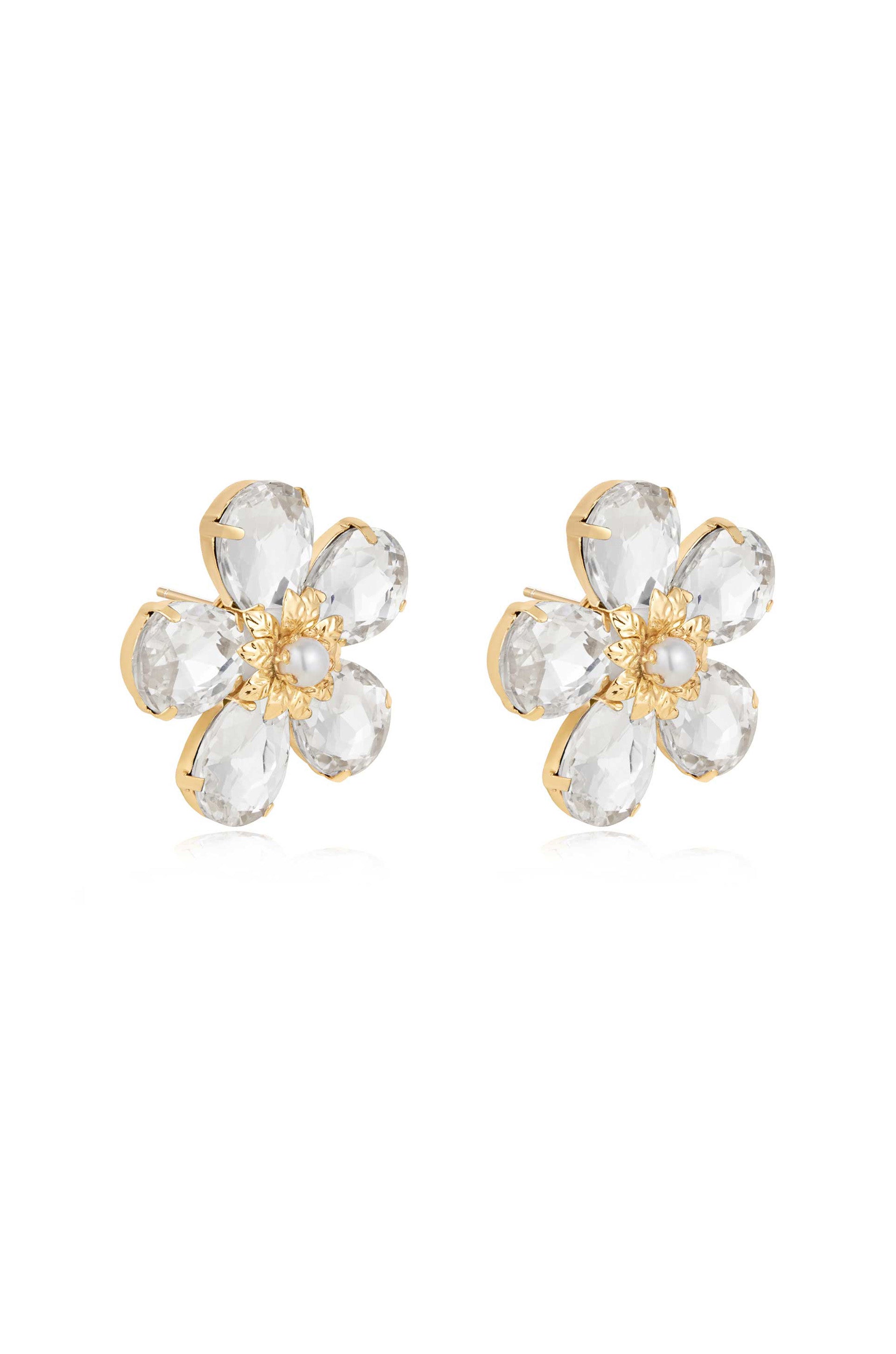 Vintage Pearl and Crystal Flower 18k Gold Plated Stud Earrings side