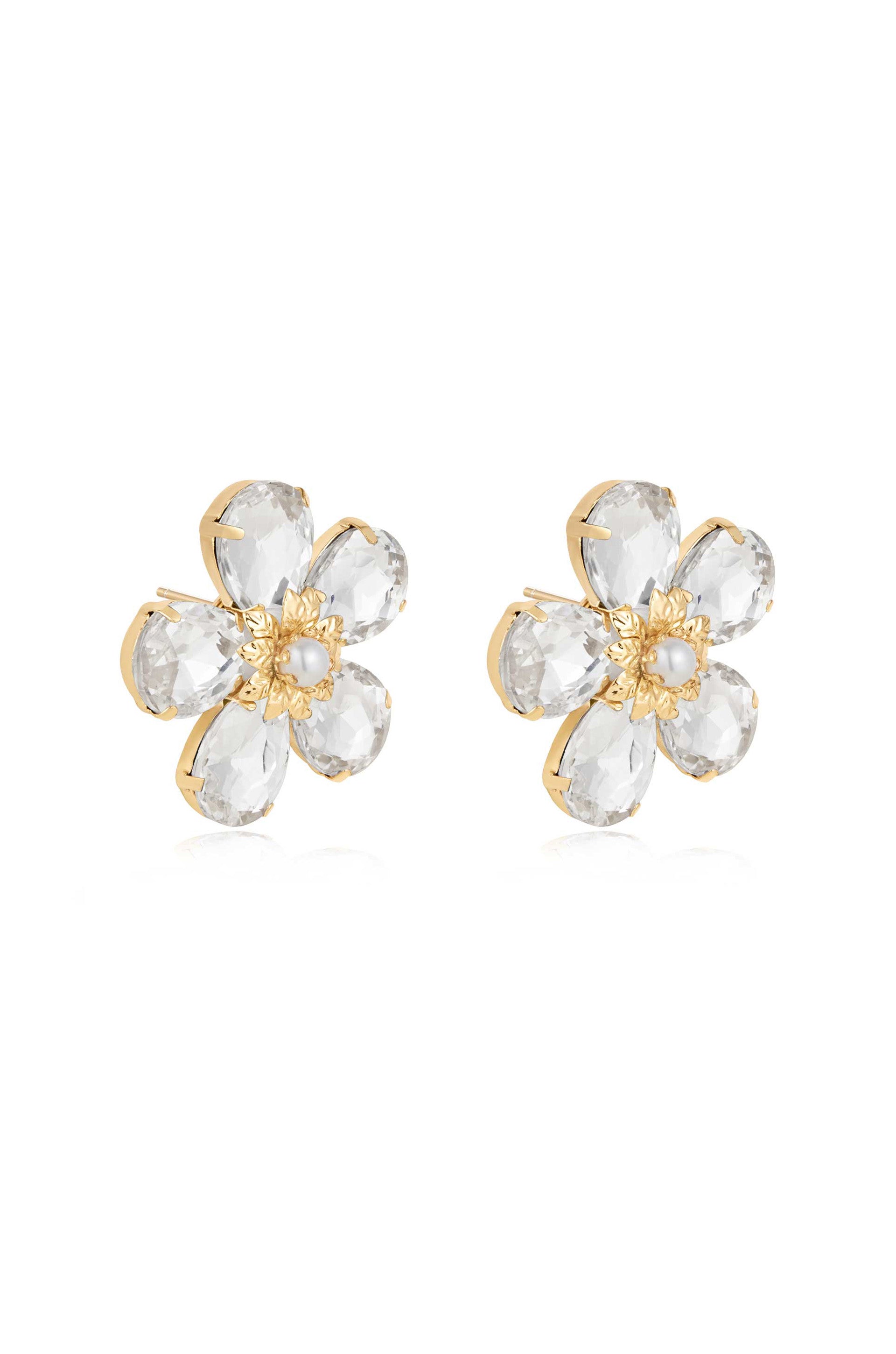 Vintage Pearl and Crystal Flower Stud Earrings side