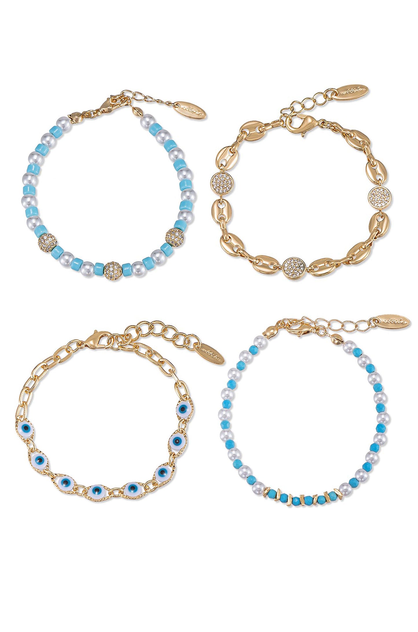 Turquoise and Pearl Protection Spell 18k Gold Plated Bracelet Set