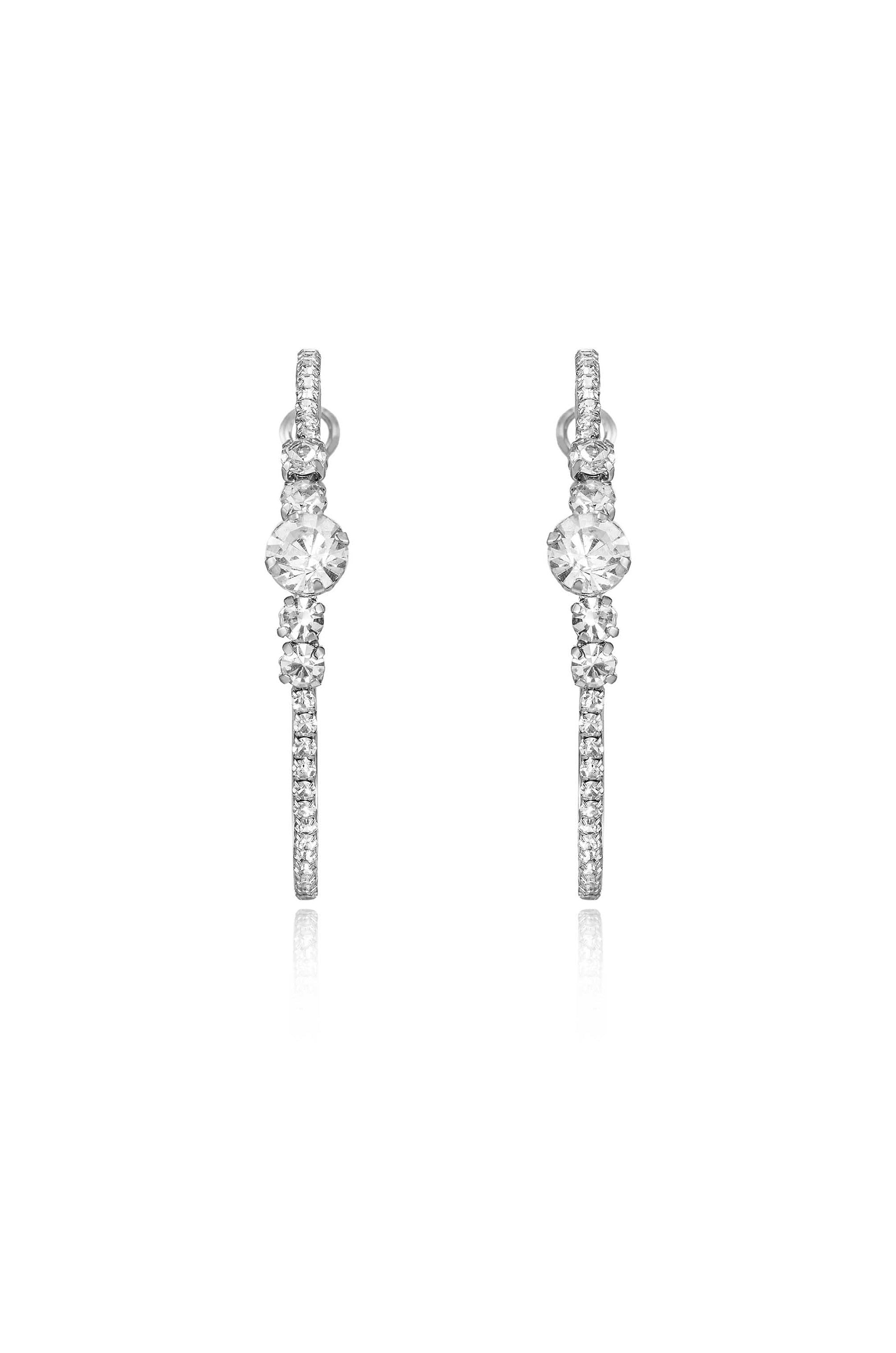 Hollywood Forever Crystal 18k Gold Plated Hoop Earrings in rhodium front