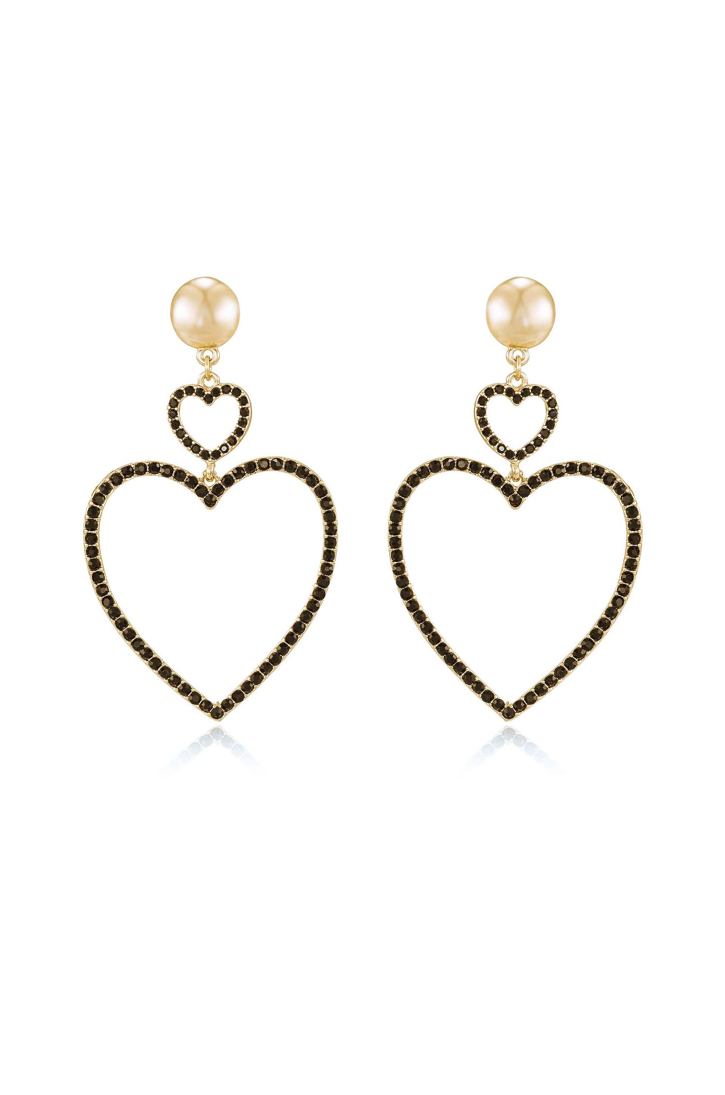Double Heart Crystal Drop 18k Gold Plated Earrings in black