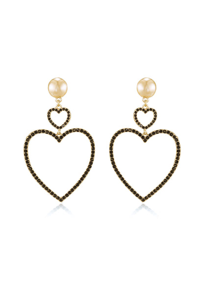 Double Heart Crystal Drop 18k Gold Plated Earrings in black