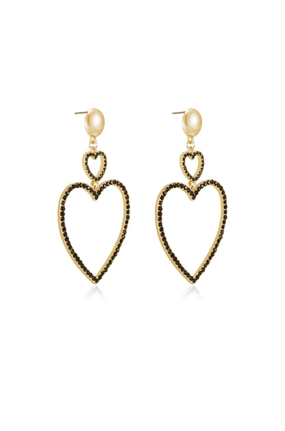 Double Heart Crystal Drop 18k Gold Plated Earrings in black side