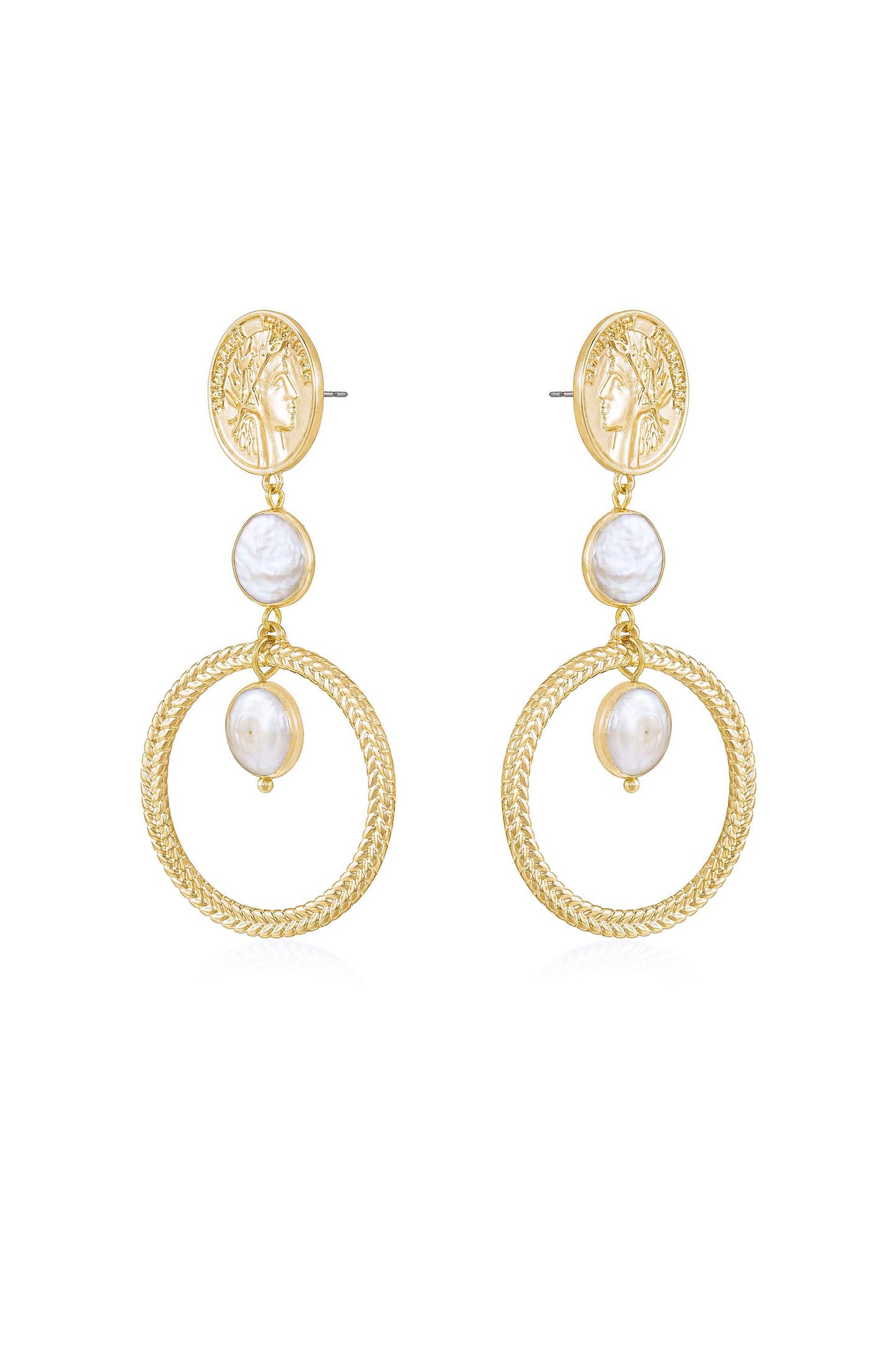 Your Majesty Coin & Freshwater Pearl Drop 18k Gold Plated Earrings side