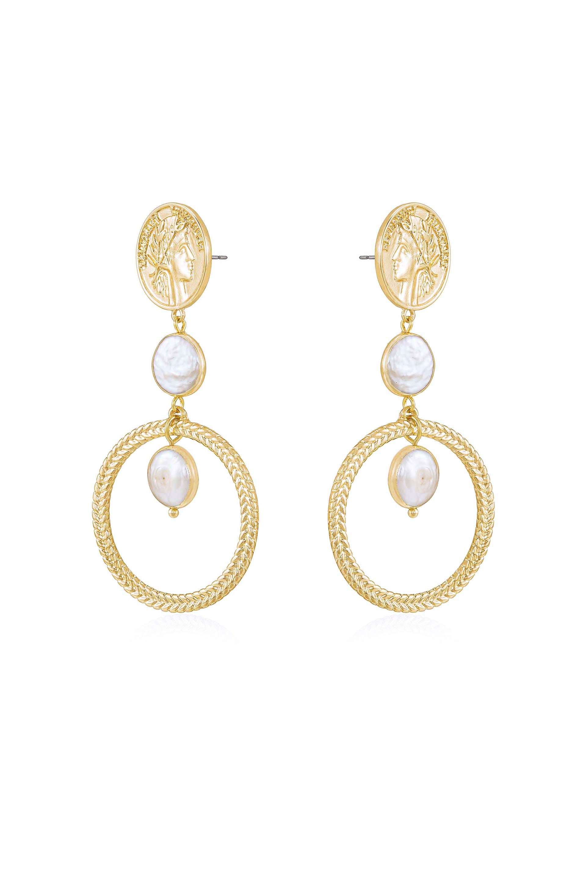 Your Majesty Coin & Freshwater Pearl Drop 18k Gold Plated Earrings side