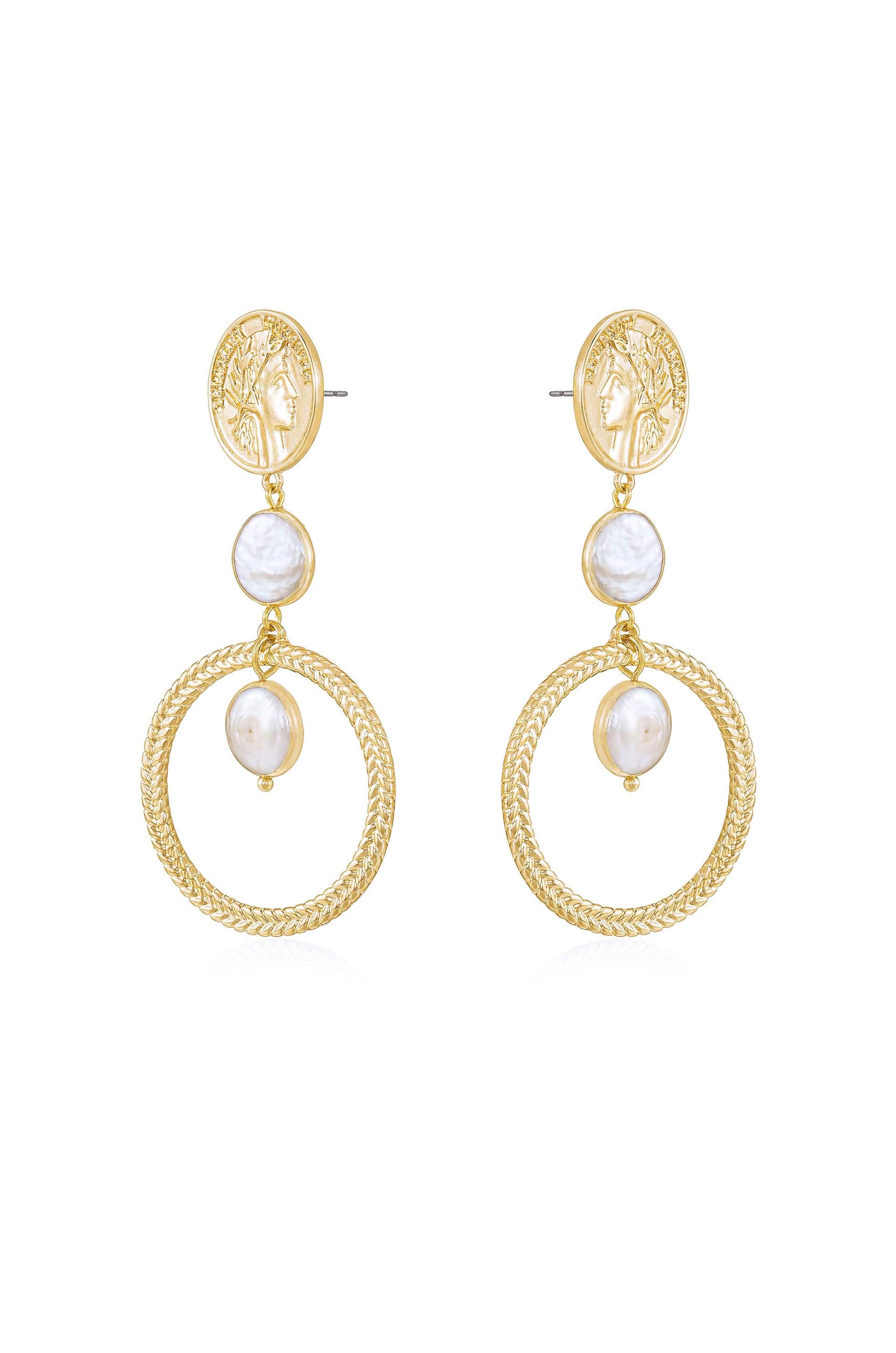 Your Majesty Coin & Freshwater Pearl Drop 18k Gold Plated Earrings side