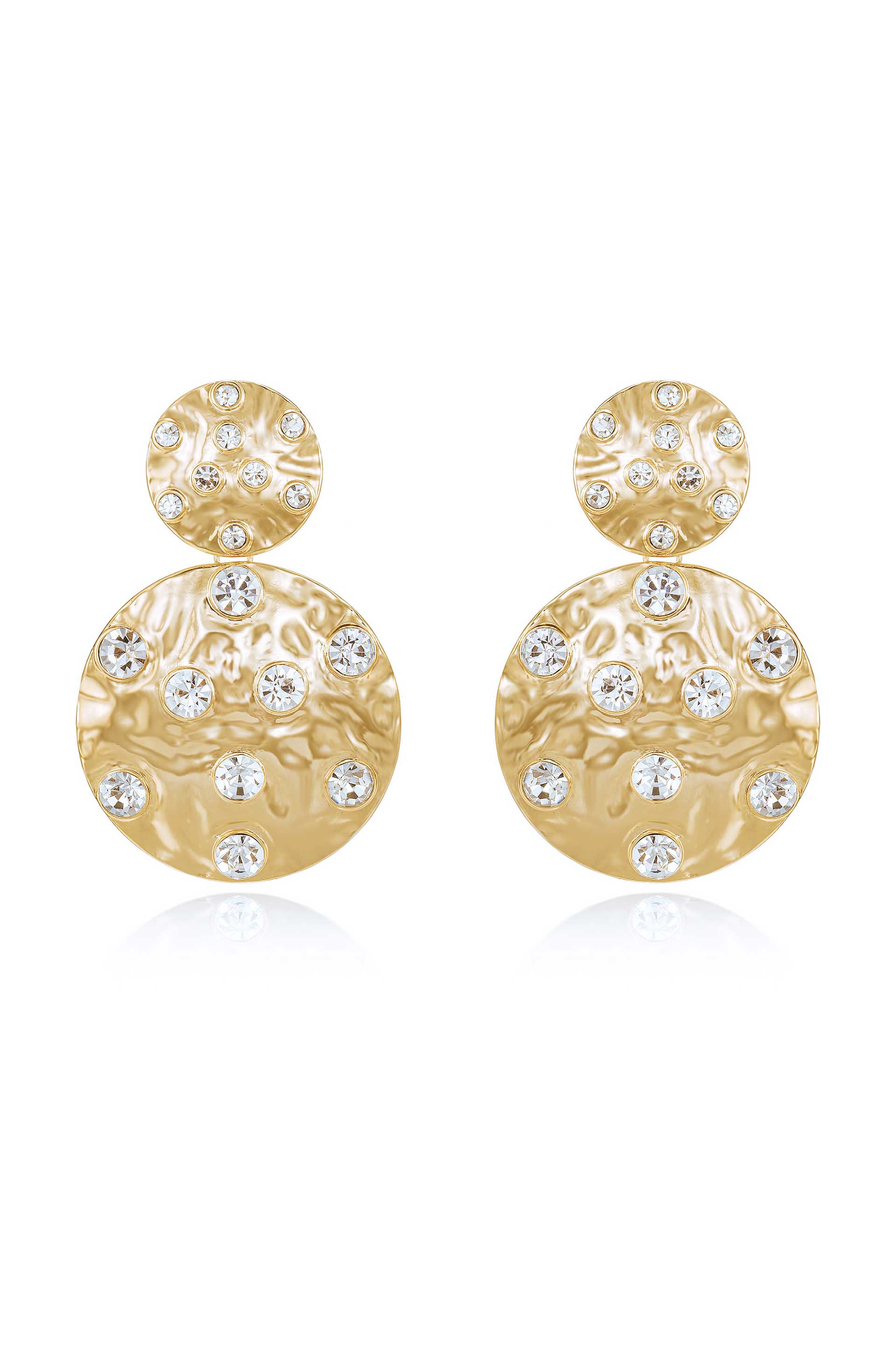Double Crystal Studded Disc 18k Gold Plated Earrings