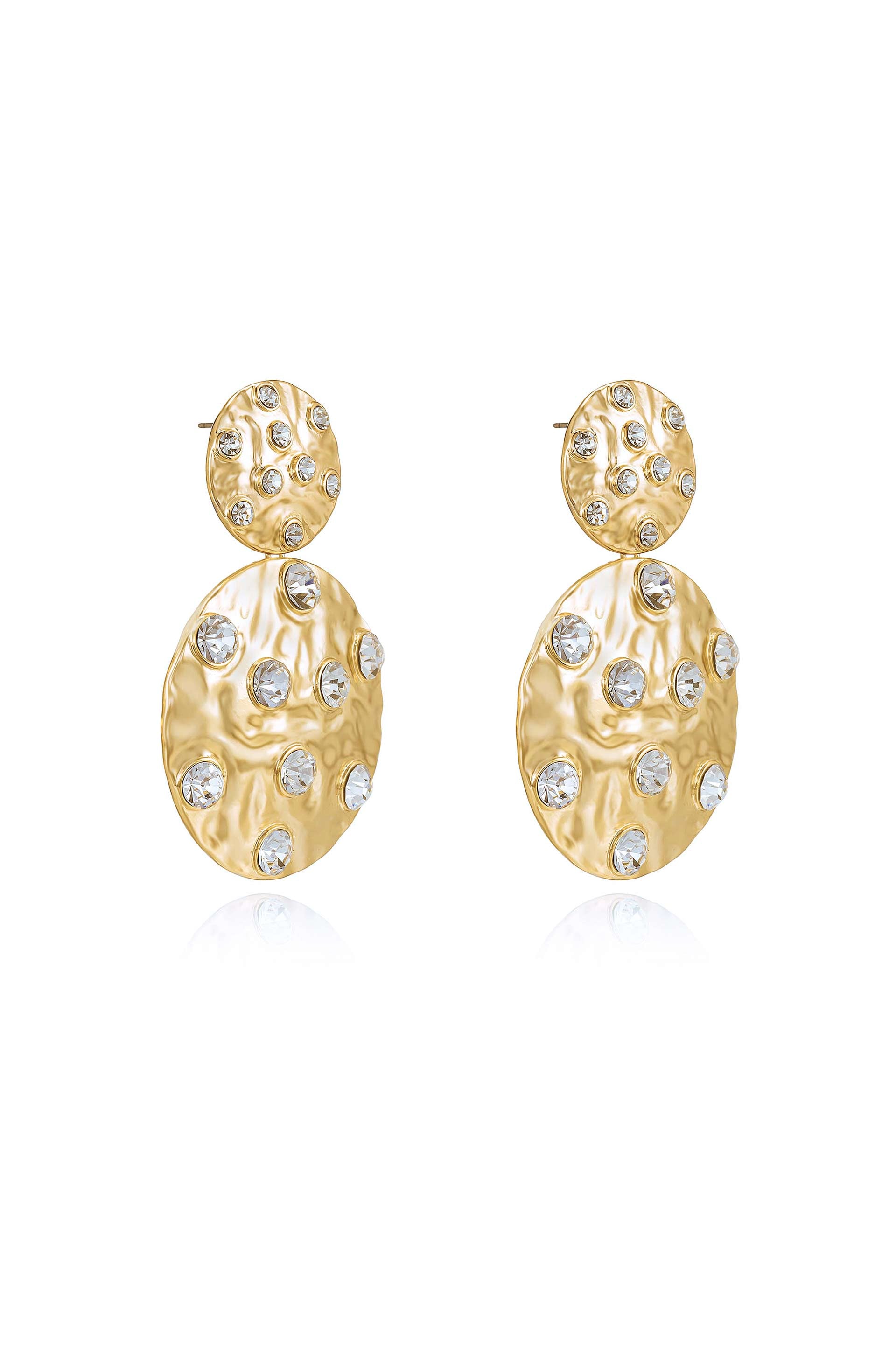 Double Crystal Studded Disc 18k Gold Plated Earrings side