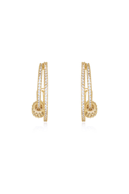 Double Crystal Pave Ring 18k Gold Plated Hoop Earrings front