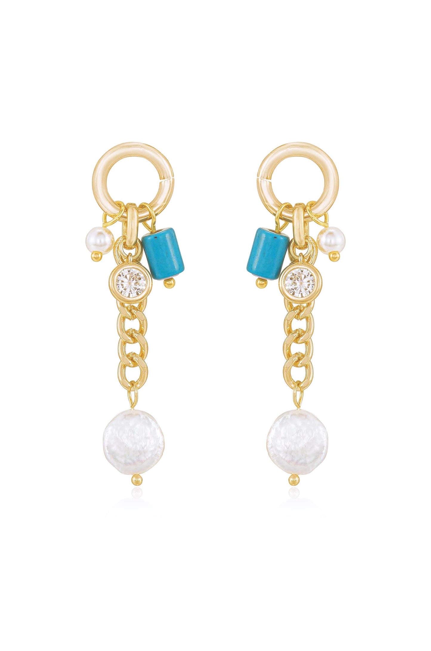 Pearl, Turquoise, and Crystal Charm 18k Gold Plated Dangle Earrings