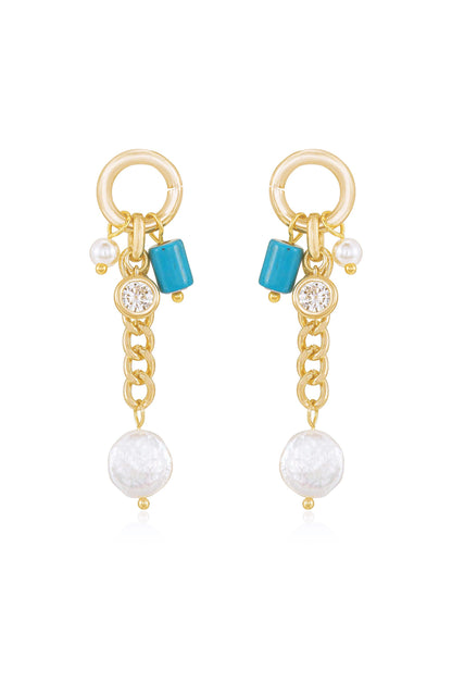 Pearl, Turquoise, and Crystal Charm 18k Gold Plated Dangle Earrings
