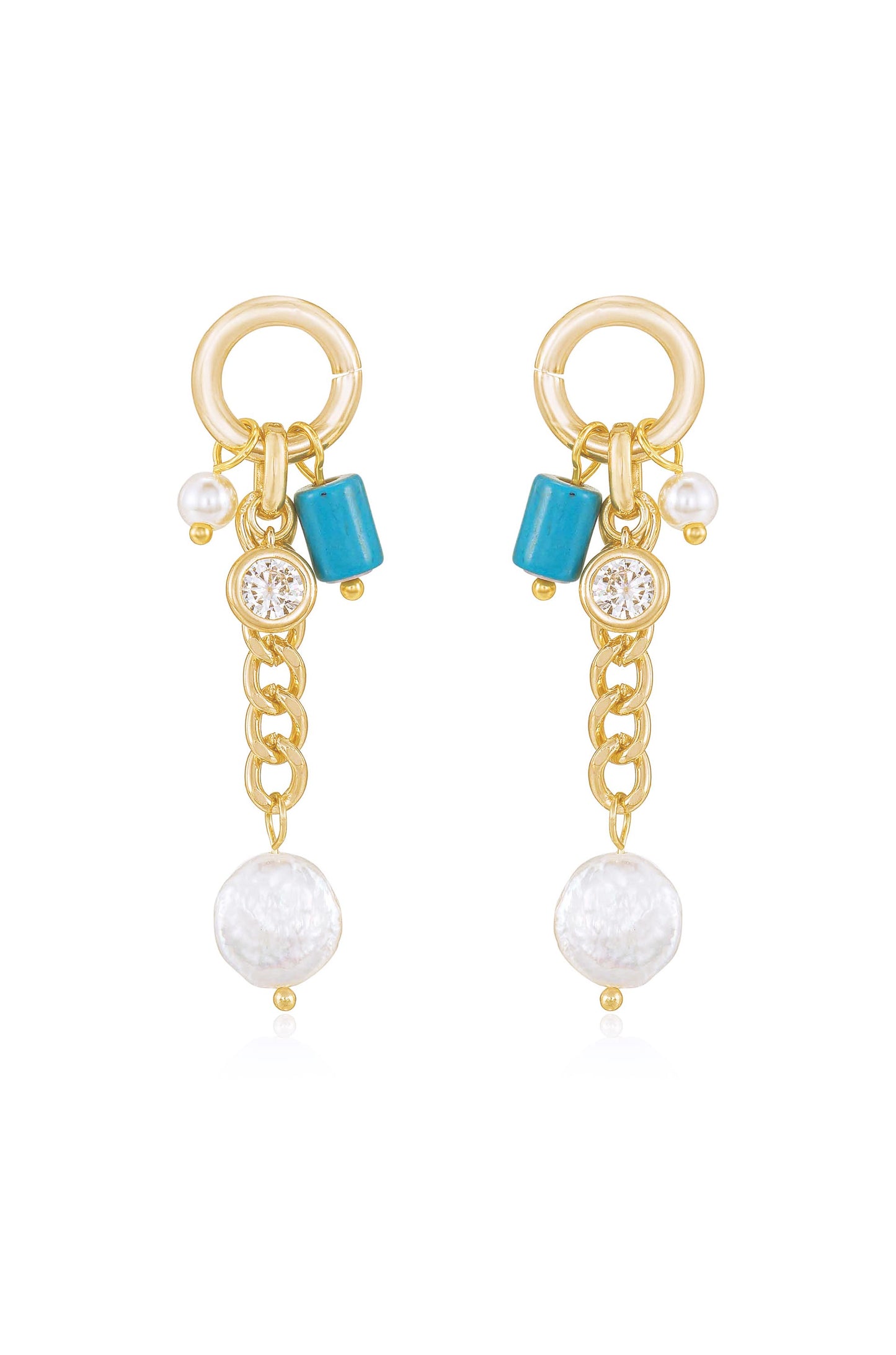 Pearl, Turquoise, and Crystal Charm Dangle Earrings