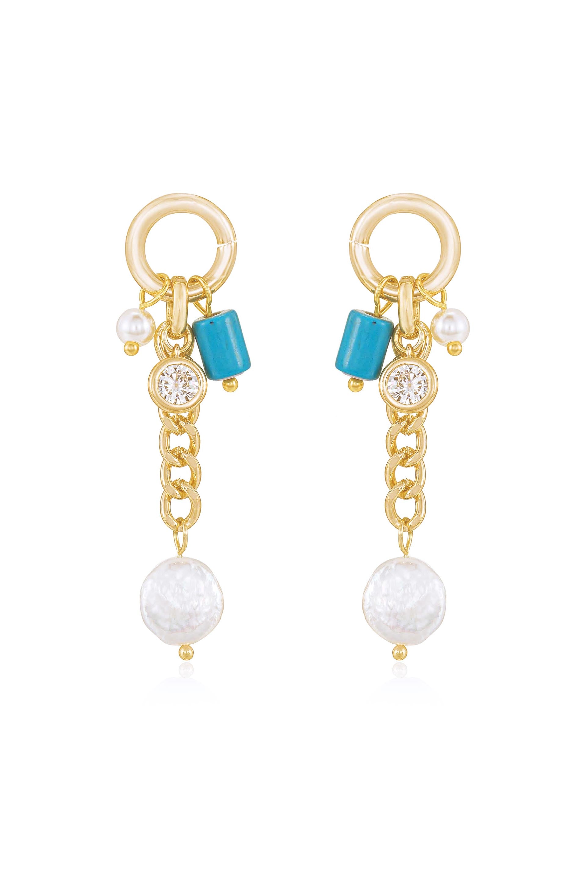 Pearl, Turquoise, and Crystal Charm Dangle Earrings