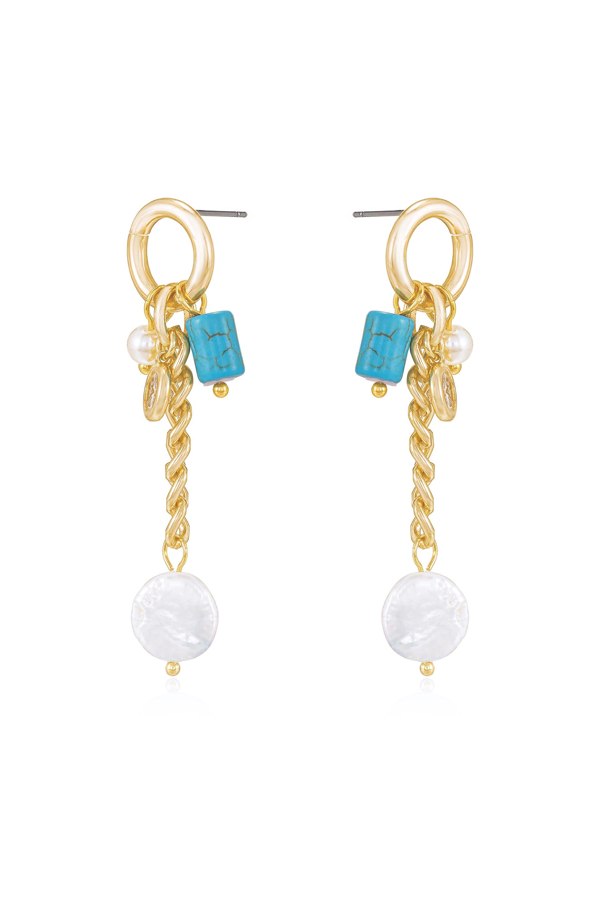 Pearl, Turquoise, and Crystal Charm 18k Gold Plated Dangle Earrings side