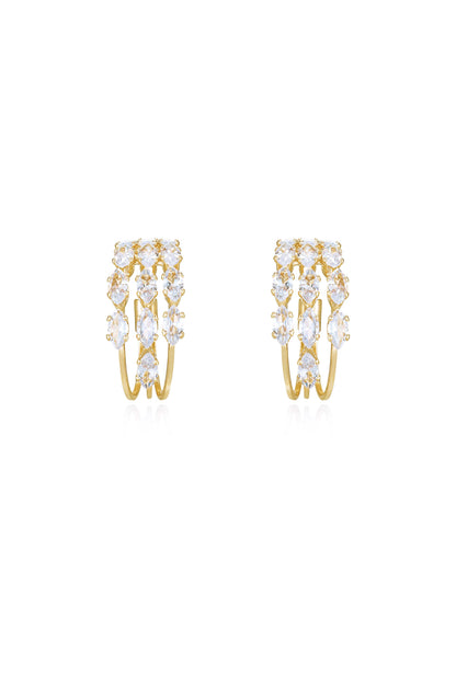 Multi-Crystal Huggie 18k Gold Plated Hoop Earrings in clear front