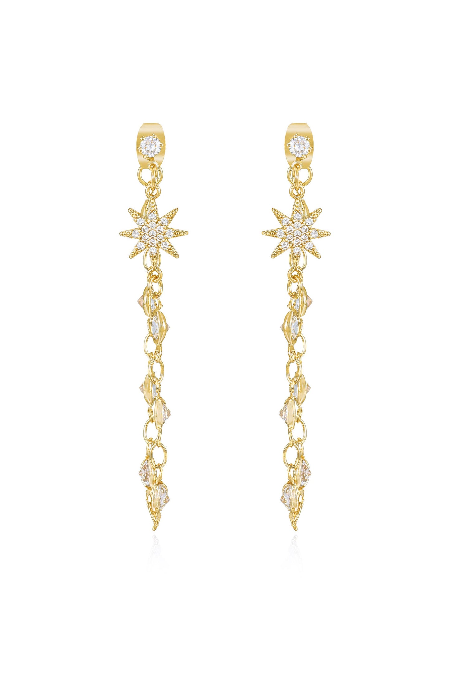 Starburst Crystal Chain Dangle 18k Gold Plated Earrings front