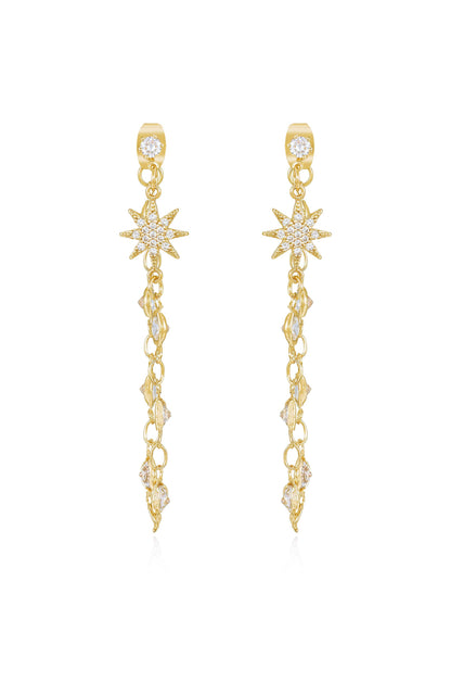 Starburst Crystal Chain Dangle 18k Gold Plated Earrings front
